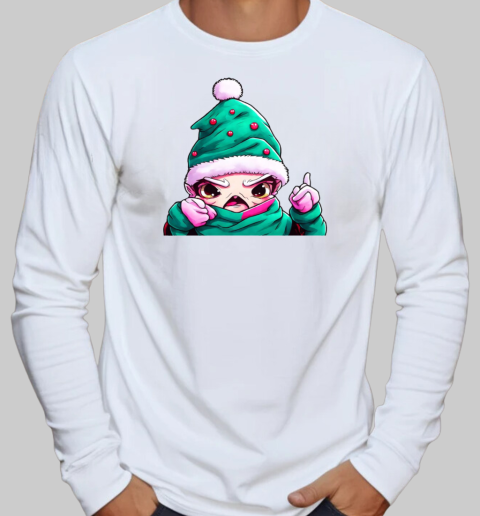 Cartoon Character Wearing Santa Claus Hat Pointing at Camera T-Shirt Long Sleeved T-shirt 