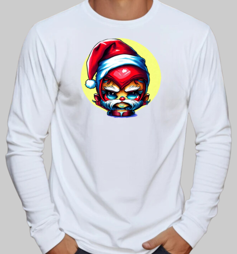 Cartoon Character Wearing Santa Claus Hat and Red Beard T-Shirt Long Sleeved T-shirt 