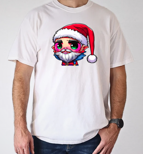 Cartoon Character Wearing Santa Claus Hat with Green Eyes and Red Beard T-Shirt