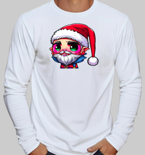 Cartoon Character Wearing Santa Claus Hat with Green Eyes and Red Beard T-Shirt Long Sleeved T-shirt 