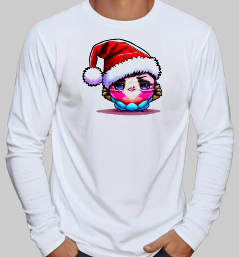 Cartoon Character Wearing Santa Hat for the Holiday Season T-Shirt Long Sleeved T-shirt 