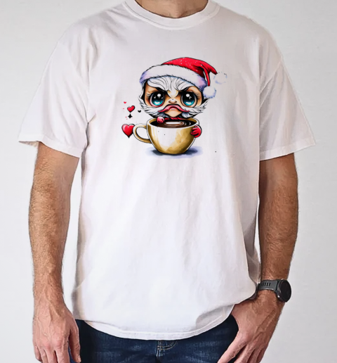 Cartoon Character in Santa Claus Hat Drinking Iced Coffee T-Shirt