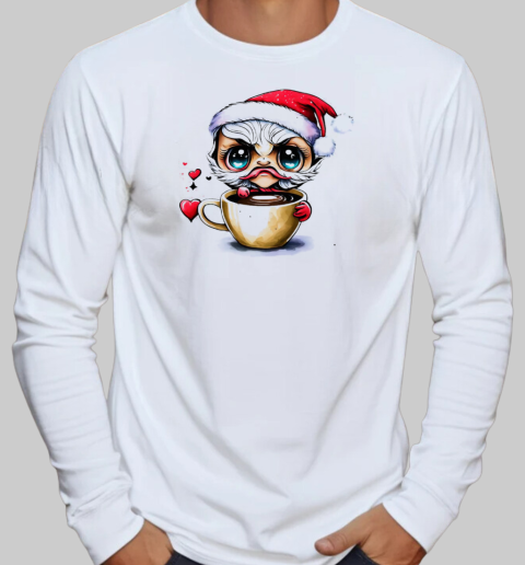 Cartoon Character in Santa Claus Hat Drinking Iced Coffee T-Shirt Long Sleeved T-shirt 