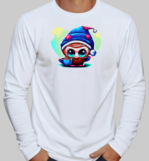 Cartoon Character with Elf Hat and Coffee T-Shirt Long Sleeved T-shirt 