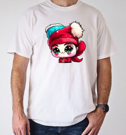 Cartoon Character with Red Hat and Green Eyes in front of Christmas Tree T-Shirt