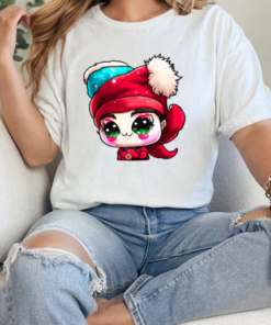 Cartoon Character with Red Hat and Green Eyes in front of Christmas Tree T-Shirt Classic Women's T-shirt