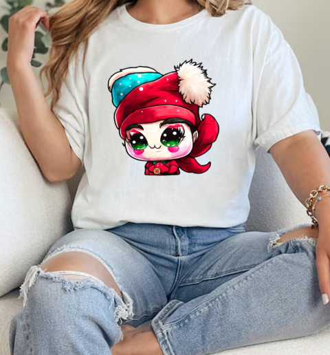 Cartoon Character with Red Hat and Green Eyes in front of Christmas Tree T-Shirt Classic Women's T-shirt