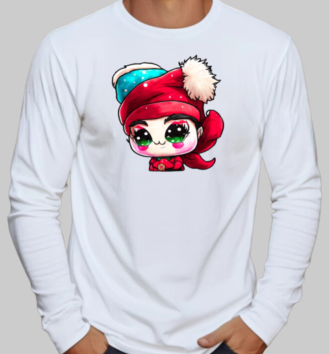 Cartoon Character with Red Hat and Green Eyes in front of Christmas Tree T-Shirt Long Sleeved T-shirt 