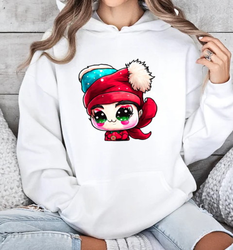 Cartoon Character with Red Hat and Green Eyes in front of Christmas Tree T-Shirt Unisex Hoodie