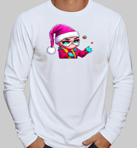 Cartoon Character with Santa Claus Hat and Colorful Balls T-Shirt Long Sleeved T-shirt 