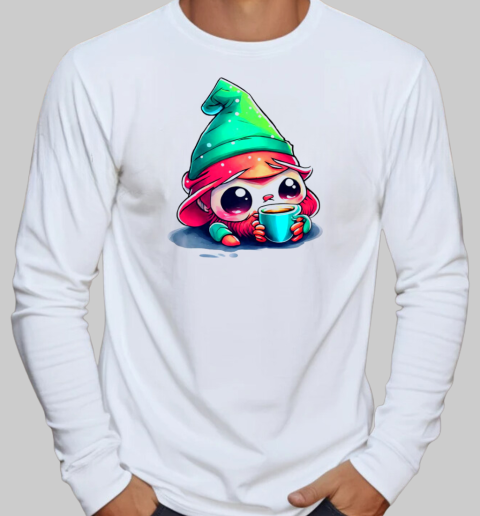 Cartoon Elf Drinking Coffee from an Ice Cream Cone T-Shirt Long Sleeved T-shirt 