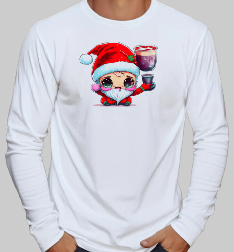 Cartoon Santa Claus Character with Cups of Liquid T-Shirt Long Sleeved T-shirt 