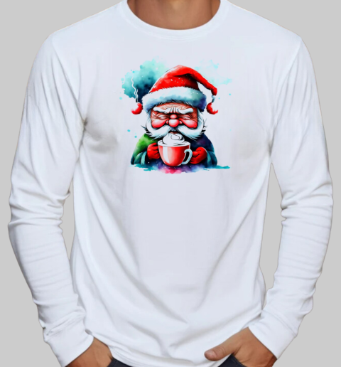 Cartoon Santa Claus Drinking Coffee T-Shirt Long Sleeved T-shirt 