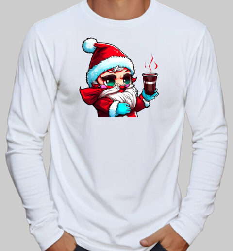 Cartoon Santa Claus Holding a Cup of Hot Cocoa T-Shirt Long Sleeved T-shirt 