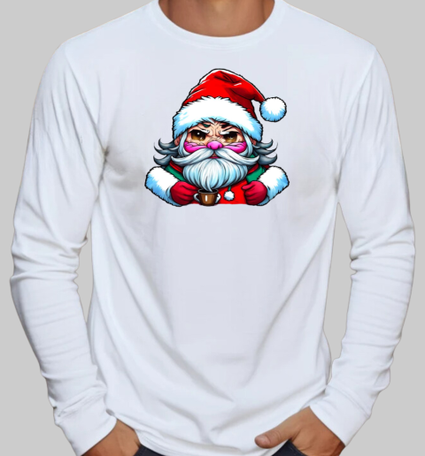 Cartoon Santa Claus holding a coffee cup T-Shirt Long Sleeved T-shirt 