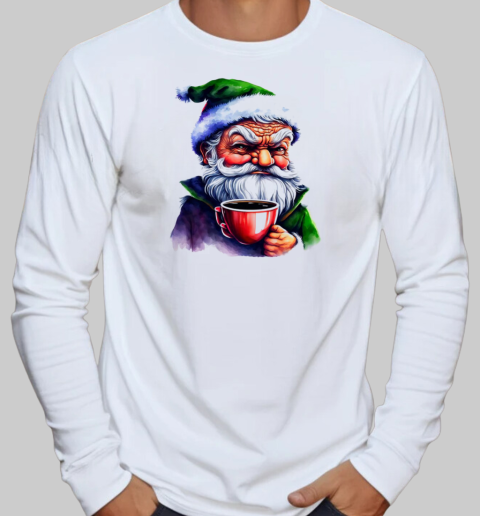 Cartoon Santa Claus holding a cup of coffee T-Shirt Long Sleeved T-shirt 