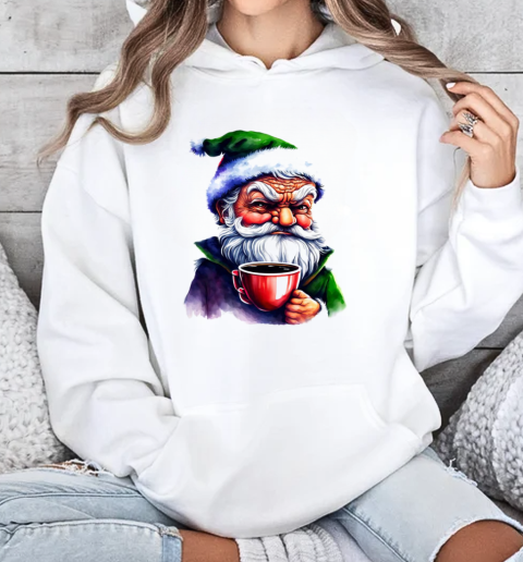 Cartoon Santa Claus holding a cup of coffee T-Shirt Unisex Hoodie