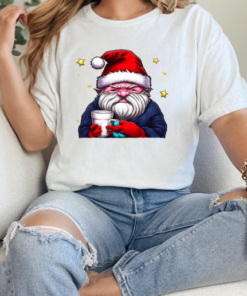 Cartoon Santa Claus with Coffee Cup and Stars T-Shirt Classic Women's T-shirt