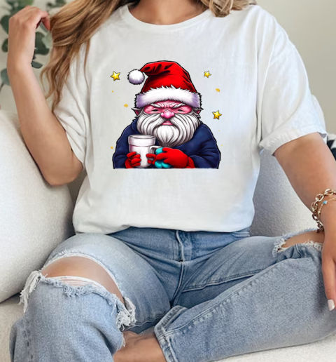 Cartoon Santa Claus with Coffee Cup and Stars T-Shirt Classic Women's T-shirt