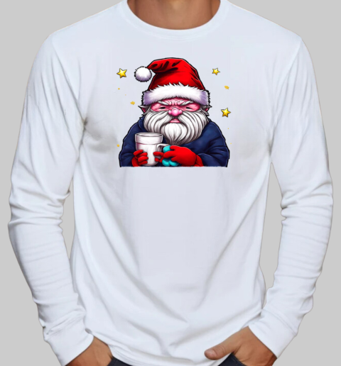 Cartoon Santa Claus with Coffee Cup and Stars T-Shirt Long Sleeved T-shirt 