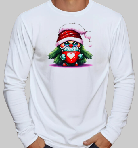 Cartoon Santa Claus with Coffee Mug T-Shirt Long Sleeved T-shirt 