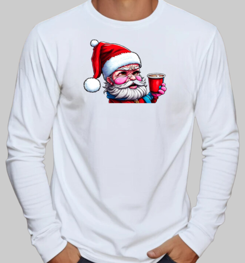 Cartoon Santa Claus with Iced Coffee Cup T-Shirt Long Sleeved T-shirt 