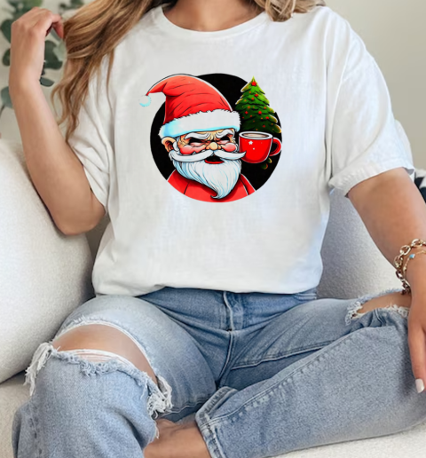 Cartoon Santa Claus with Iced Coffee and Christmas Trees T-Shirt Classic Women's T-shirt