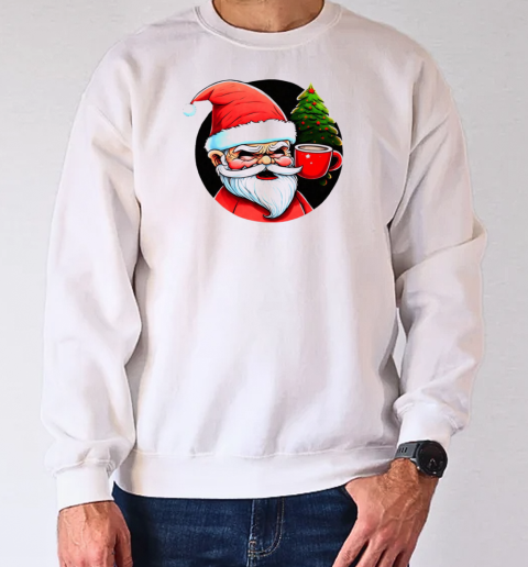 Cartoon Santa Claus with Iced Coffee and Christmas Trees T-Shirt Unisex Sweatshirt