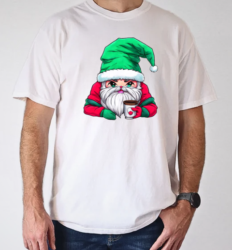 Cartoon Santa Claus with Merry Christmas Hat Holding Iced Coffee T-Shirt