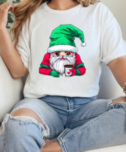 Cartoon Santa Claus with Merry Christmas Hat Holding Iced Coffee T-Shirt Classic Women's T-shirt