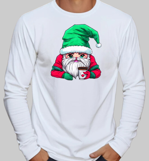 Cartoon Santa Claus with Merry Christmas Hat Holding Iced Coffee T-Shirt Long Sleeved T-shirt 