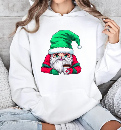 Cartoon Santa Claus with Merry Christmas Hat Holding Iced Coffee T-Shirt Unisex Hoodie