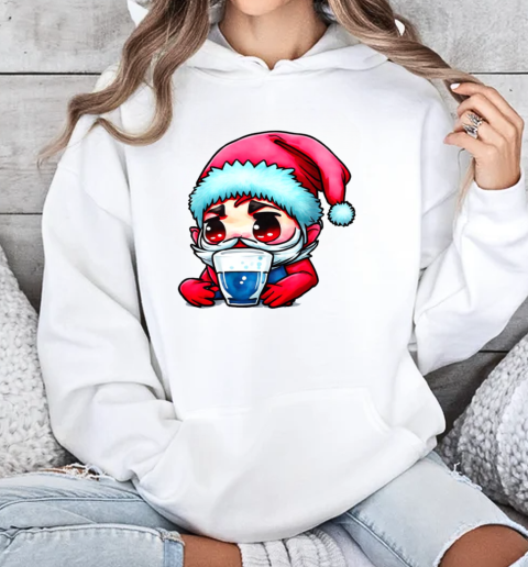 Cartoon Santa with Red Hat and Blue Beard Drinking from Empty Glass T-Shirt Unisex Hoodie