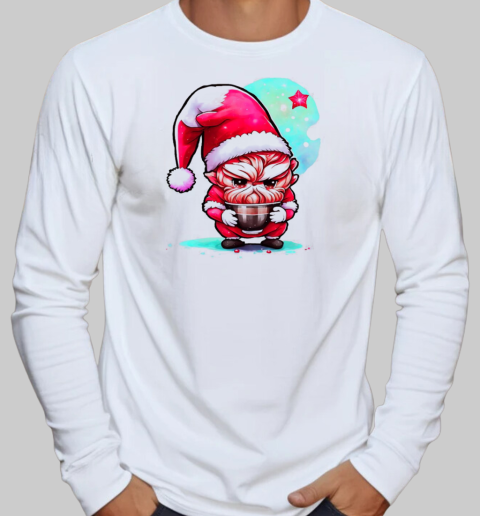 Cartoon character wearing Santa Claus and drinking coffee T-Shirt Long Sleeved T-shirt 