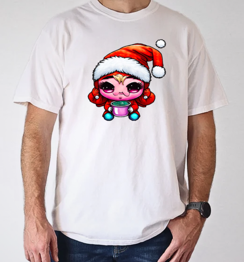 Cartoon character wearing santa claus hat and drinking coffee T-Shirt