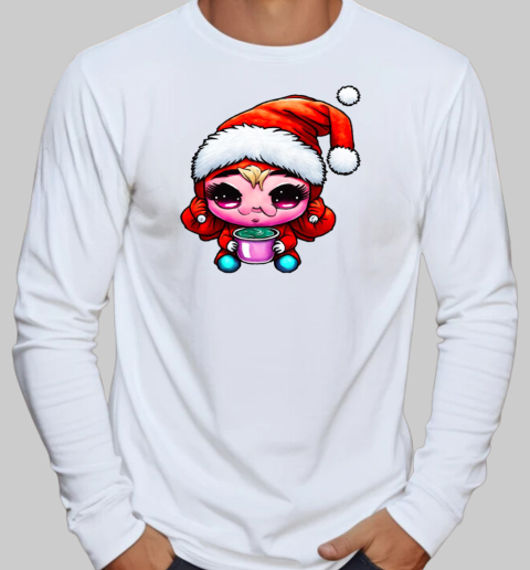 Cartoon character wearing santa claus hat and drinking coffee T-Shirt Long Sleeved T-shirt 