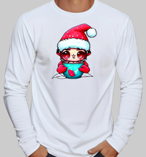 Cartoon character with santa hats and ornamented cup T-Shirt Long Sleeved T-shirt 