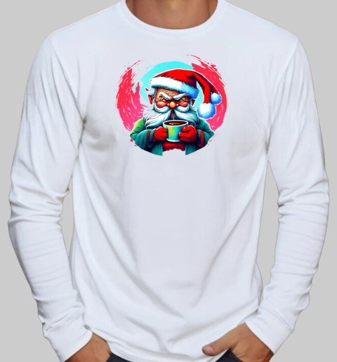 Cartoon illustration of Santa Claus with a cup of coffee T-Shirt Long Sleeved T-shirt 