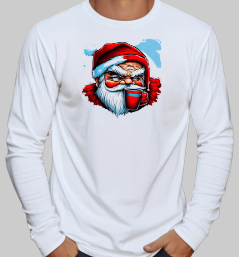 Illustration of Santa Claus Holding a Red Cup T-Shirt Long Sleeved T-shirt 