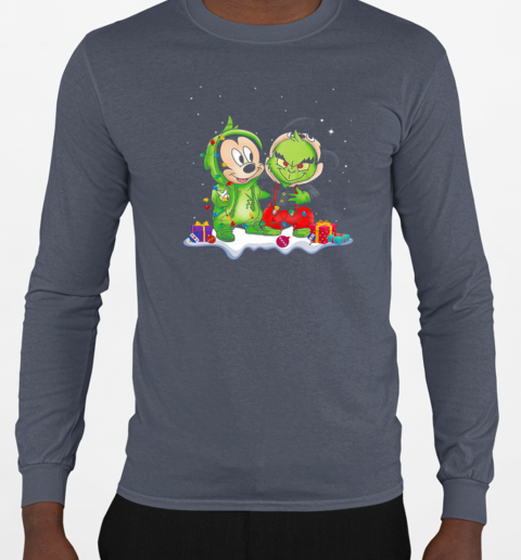 Mickey Mouse And Grinch With Fairy Lights for Christmas T-Shirt Long Sleeved T-shirt 