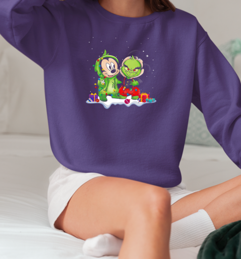 Mickey Mouse And Grinch With Fairy Lights for Christmas T-Shirt Unisex Sweatshirt