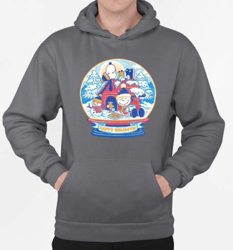 Peanuts a snowy winter scene with Charlie Brown Snoopy and Woodstock holiday snow globe T-Shirt Unisex Hoodie