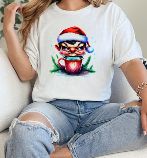 Promotional Cartoon of Angry Elf with Santa Hat Drinking Coffee T-Shirt Classic Women's T-shirt