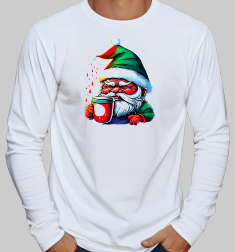 Santa Claus holding a coffee cup T-Shirt Long Sleeved T-shirt 