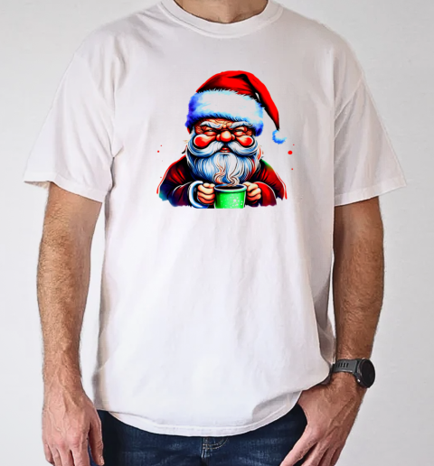 Santa Claus holding a green cup and drinking coffee T-Shirt