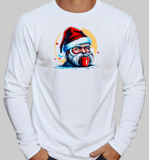 Serious Man with Santa Claus Hat and Coffee Mug T-Shirt Long Sleeved T-shirt 