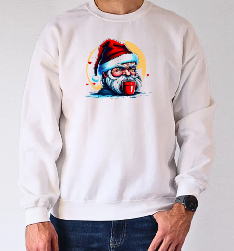 Serious Man with Santa Claus Hat and Coffee Mug T-Shirt Unisex Sweatshirt