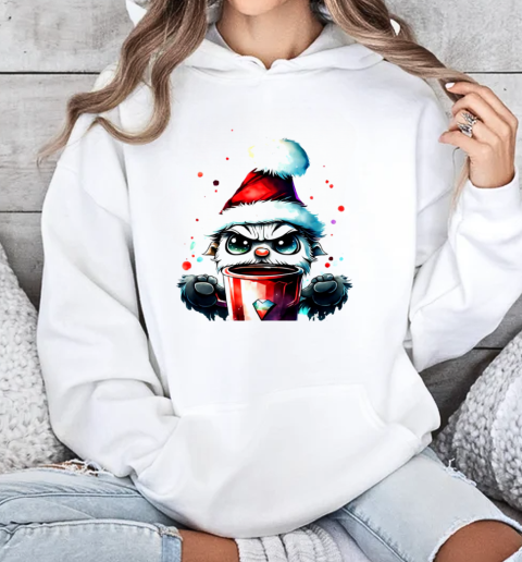 Ugly Santa Hat Cartoon Character Drinking from Cup T-Shirt Unisex Hoodie